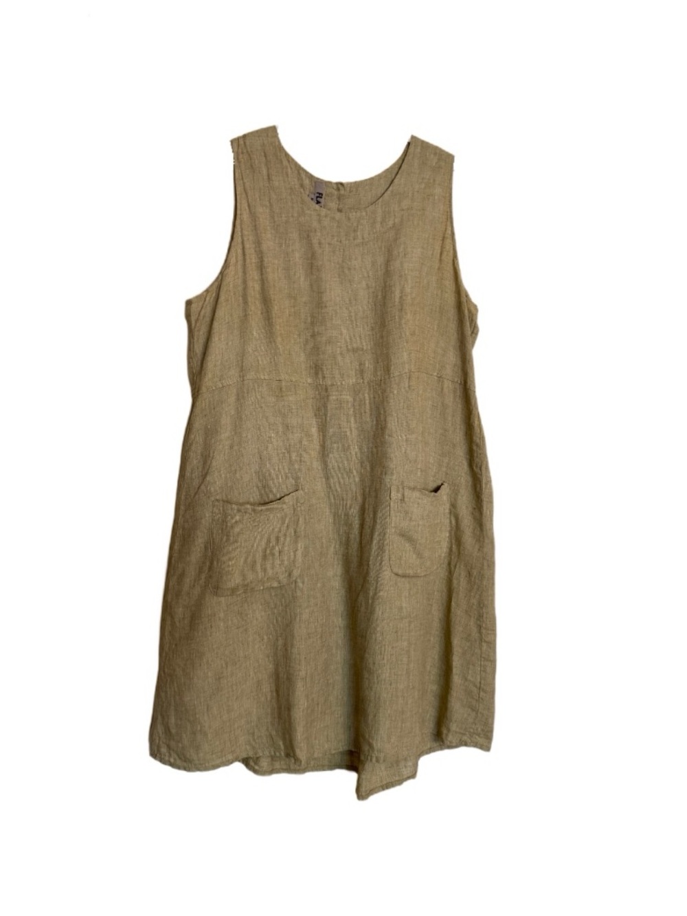 FLAX 100% Linen Sleeveless Shift Dress Sz M Green Pockets Lagenlook Costal Relax